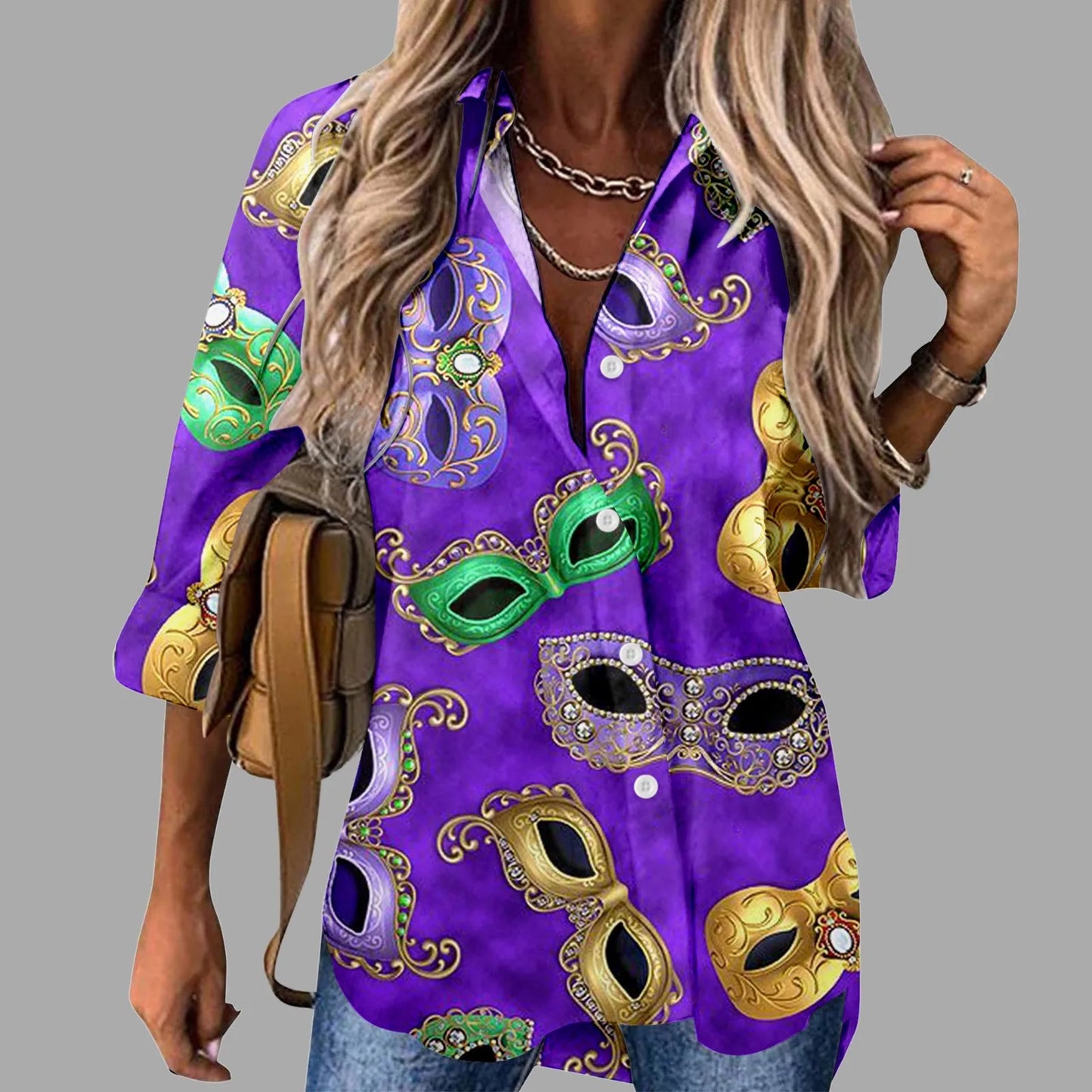 Mardi Gras Women V Neck Shirts Button Long Sleeve Carnival Print Tops Female Blouses Loose