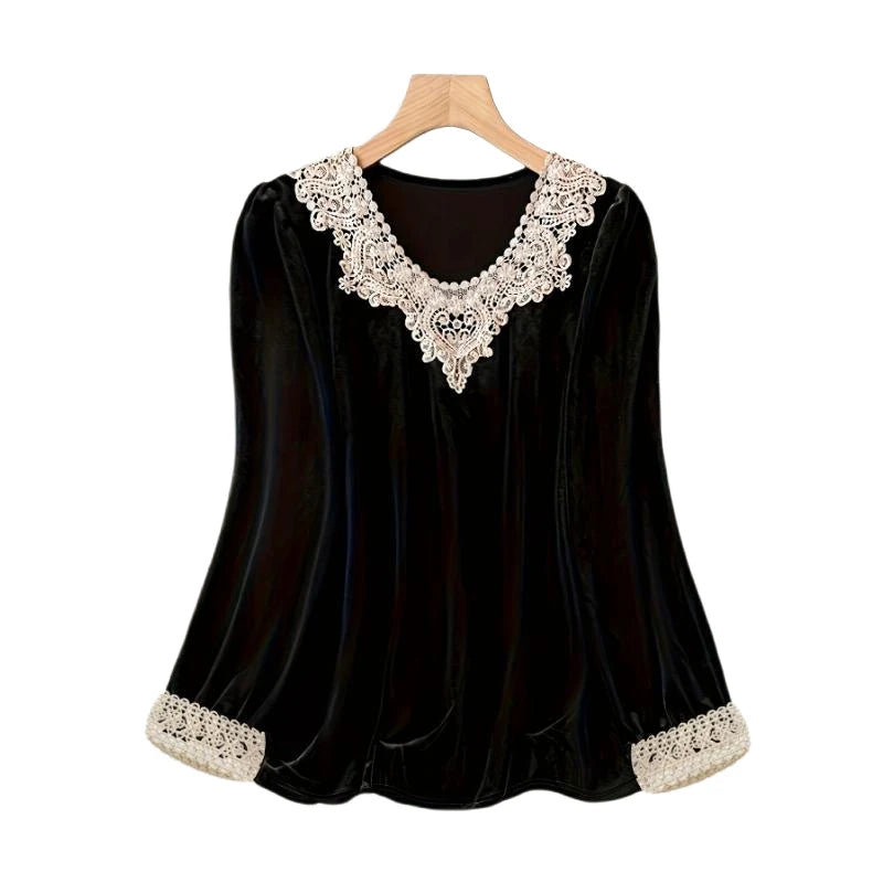 Contrast Lace Crew Neck Top  Casual Long Sleeve Top for Spring & Fall  Women's Plus Size Clothing