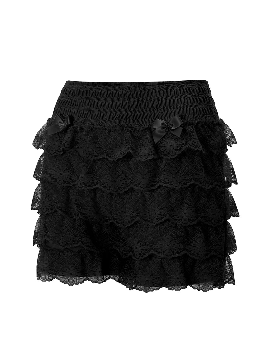 Lace Lingerie Shorts with Elastic Waistband and Tiered Ruffled Design for Bodycon Fit and Style