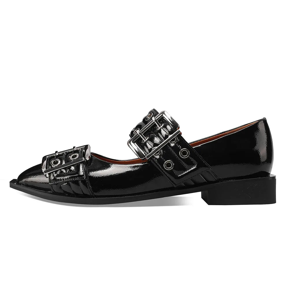 Flats Pointed Toe Buckle Strap Chunky Low Heel