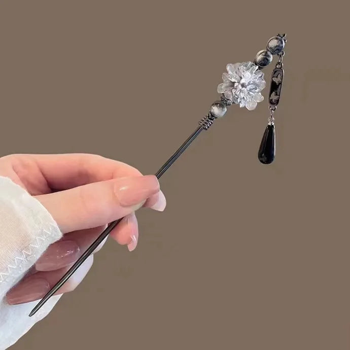 Modern Hair Stick Ink Flower Metal Tassel Hairpin Forks For Women  Beads Fringe Hair Clasp