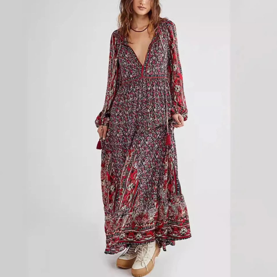 Chiffon Floral Printed Maxi Dresses For Women Robe Vintage Lantern Long Sleeve V Neck Tassel Loose Dress Boho Beach