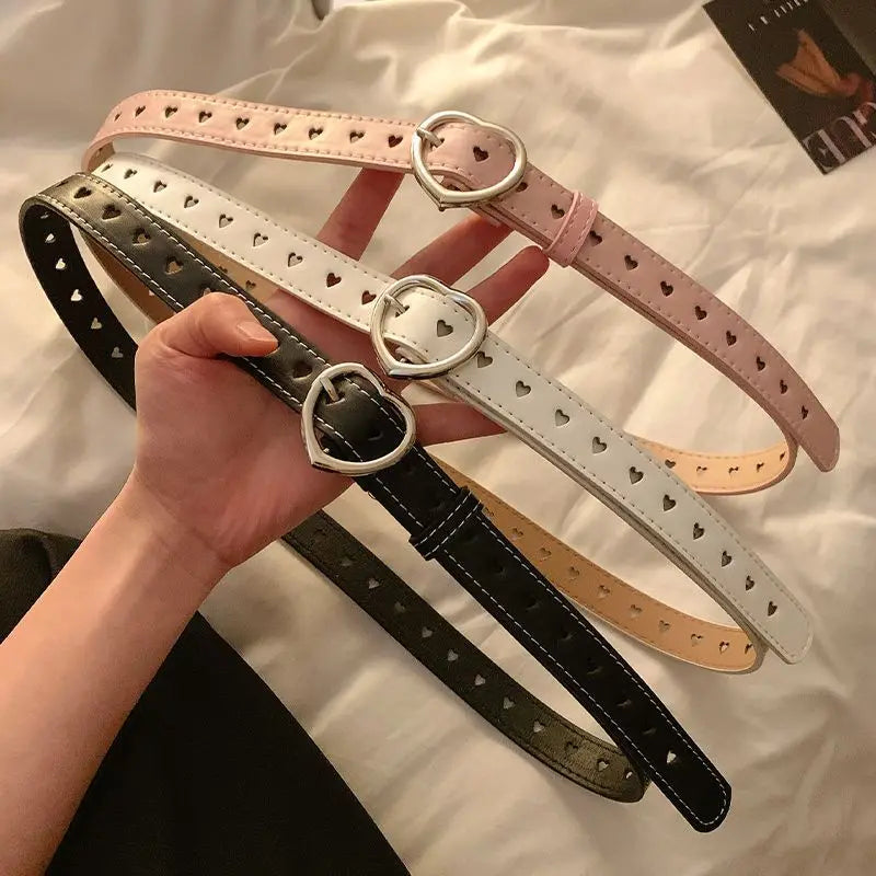 Fashion Europe and the United States full hole belt female trend double row cool belt Heart Shaped Buckle