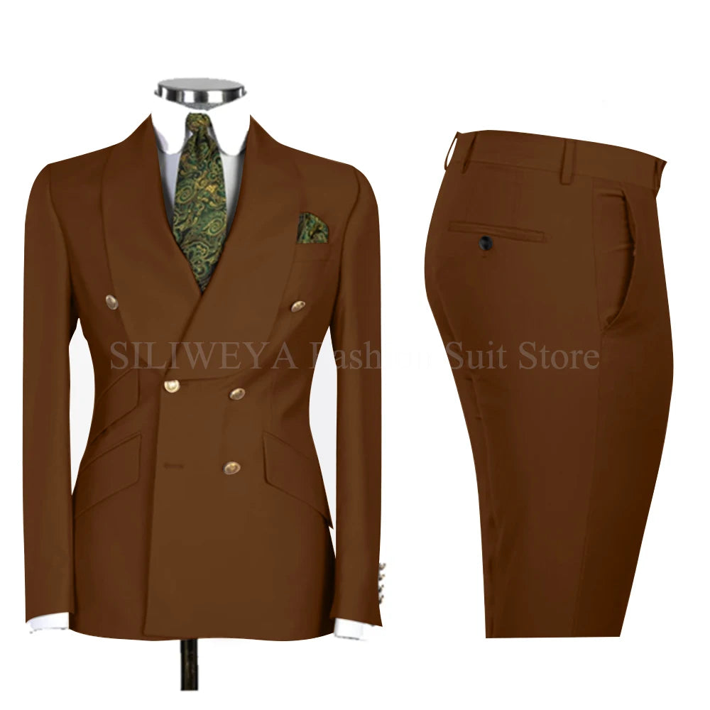 Gold Men Business Casual Men's Suits Jacket Pants Set Male Blazer Coat Pants 2PCS Slim Fit Suits