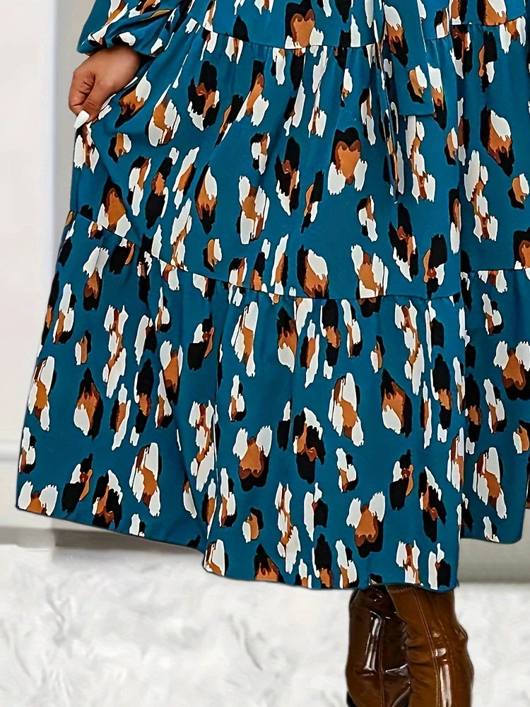 V-neck Long Sleeved  with Fashionable Printed Lantern Sleeves and Pleated Lace Up Casual Dress