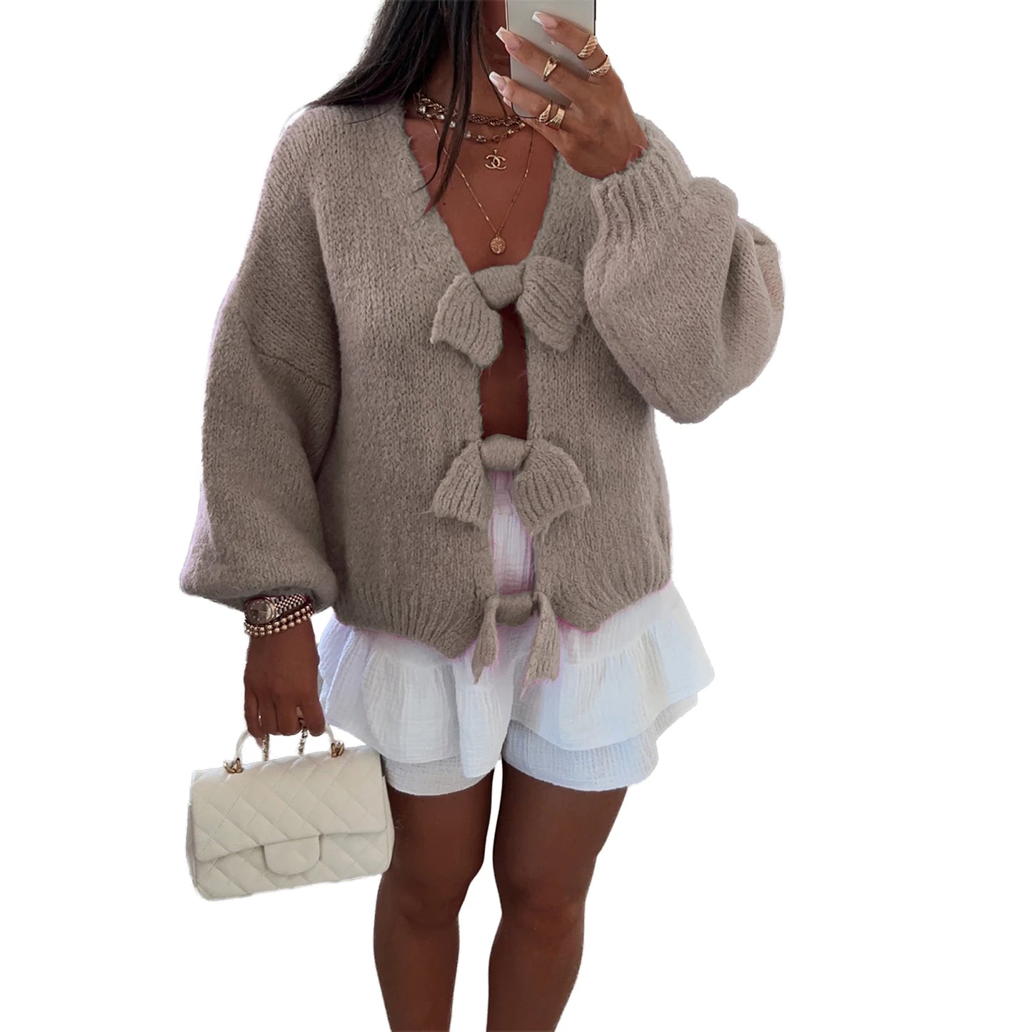 Sweater Knitted Cardigan Elegant Long Lantern Sleeve Front Tie-up Sweaters Tops
