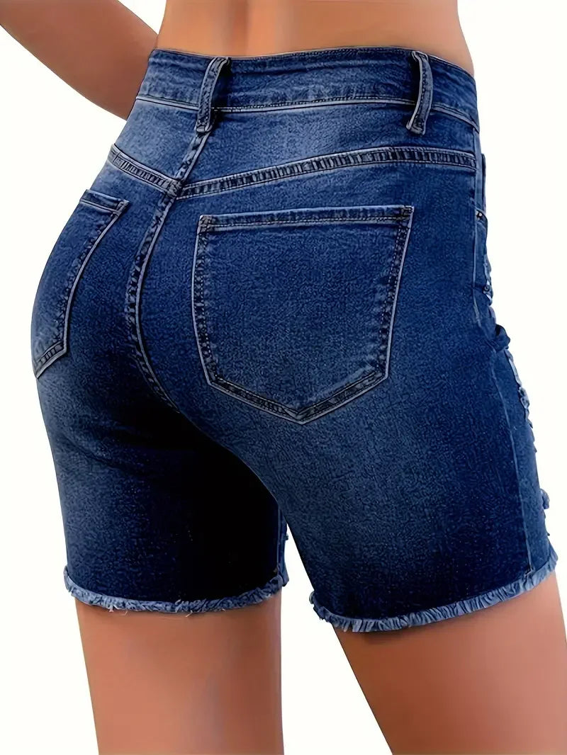 Women High-waisted Denim Shorts, Raw Hem Ripped Denim Shorts, Casual Summer Chic Dark Blue