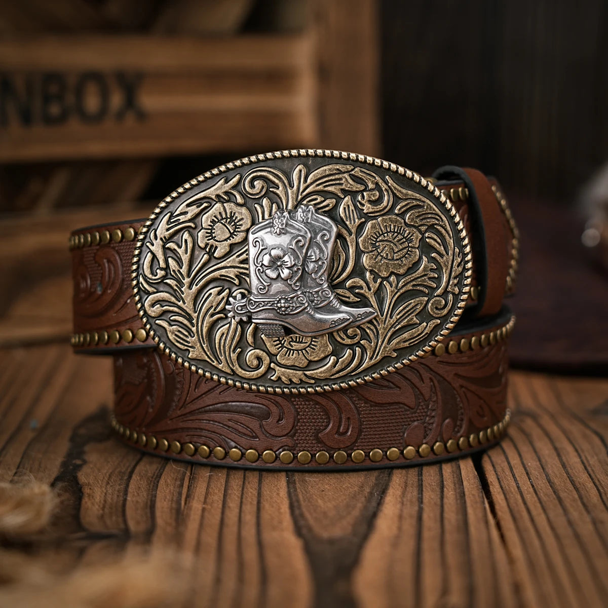 Men - Women - Western Denim - pu leather - Belt - Vintage jeans with floral carved boots buckle belt