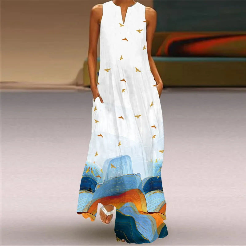 Vintage Print Maxi Dress For Women Summer Loose Sleeveless Long Dresses Elegant Lady V Neck Pocket Boho Beach Sundress Vestidos