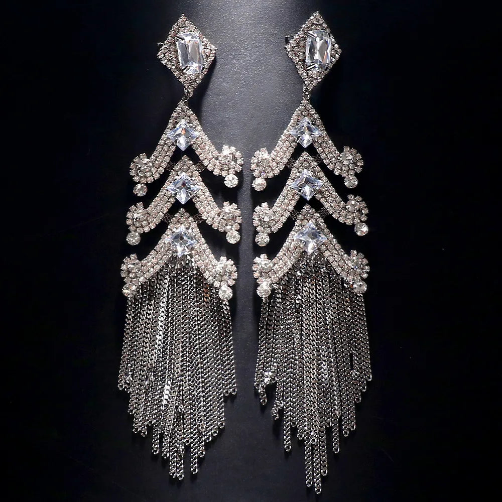 Yellow Exaggerated Tassel Earrings Metal Piercing Club Bling Ear Accessories