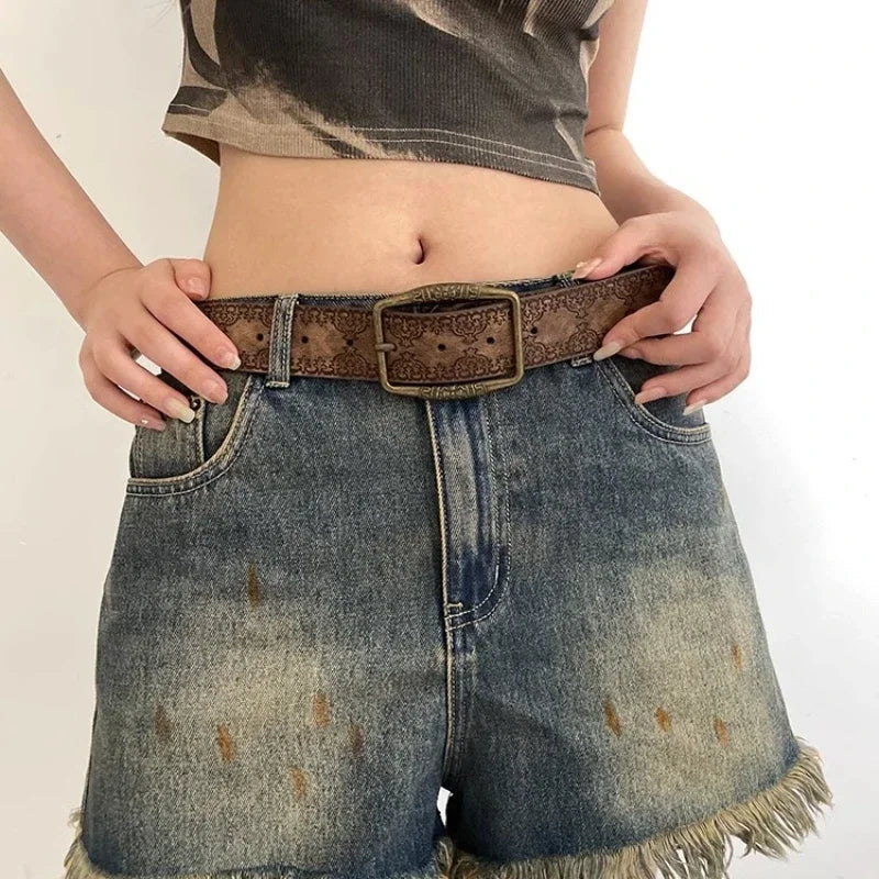 Pattern Print Retro Belts for Women Luxury Designer Brand Buckle Pin Waist Belt Female Pu Leather Fashion Waistband