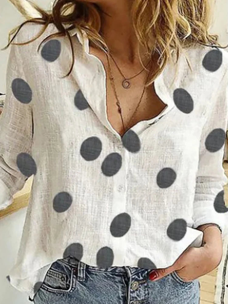 Elegant Cotton Linen Shirts Women Casual Solid Button Lapel Blouses Shirts  Long Sleeve Loose Tops
