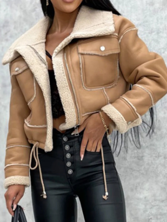 Winter Coat Stylish Long Sleeve Jacket with Zipper Closure and Patchwork Design Featuring Warm Outwear