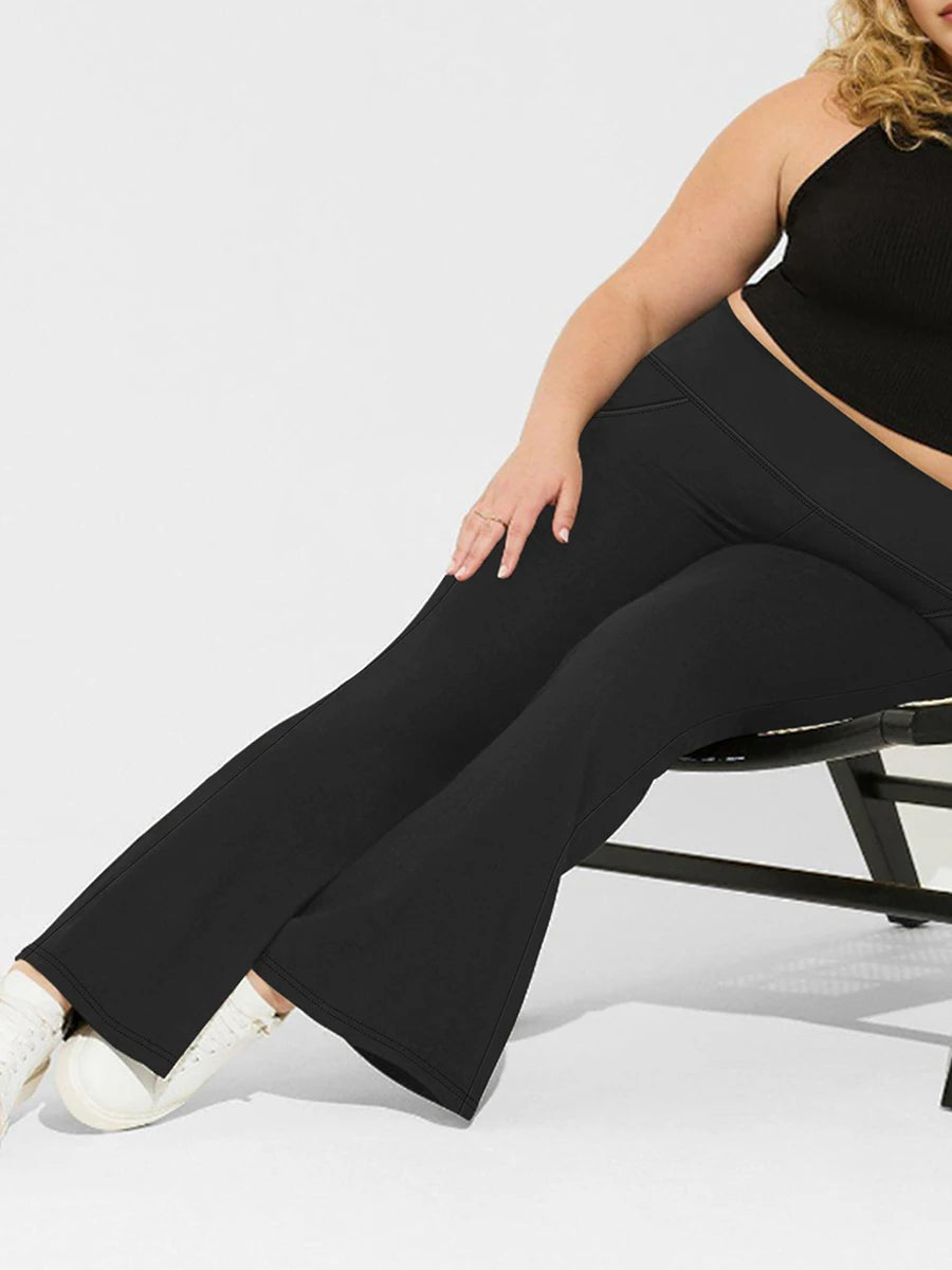 Women Plus Size High Waist Wide Leg Palazzo Pants Solid Color Elastic Waist Flare Trousers Yoga