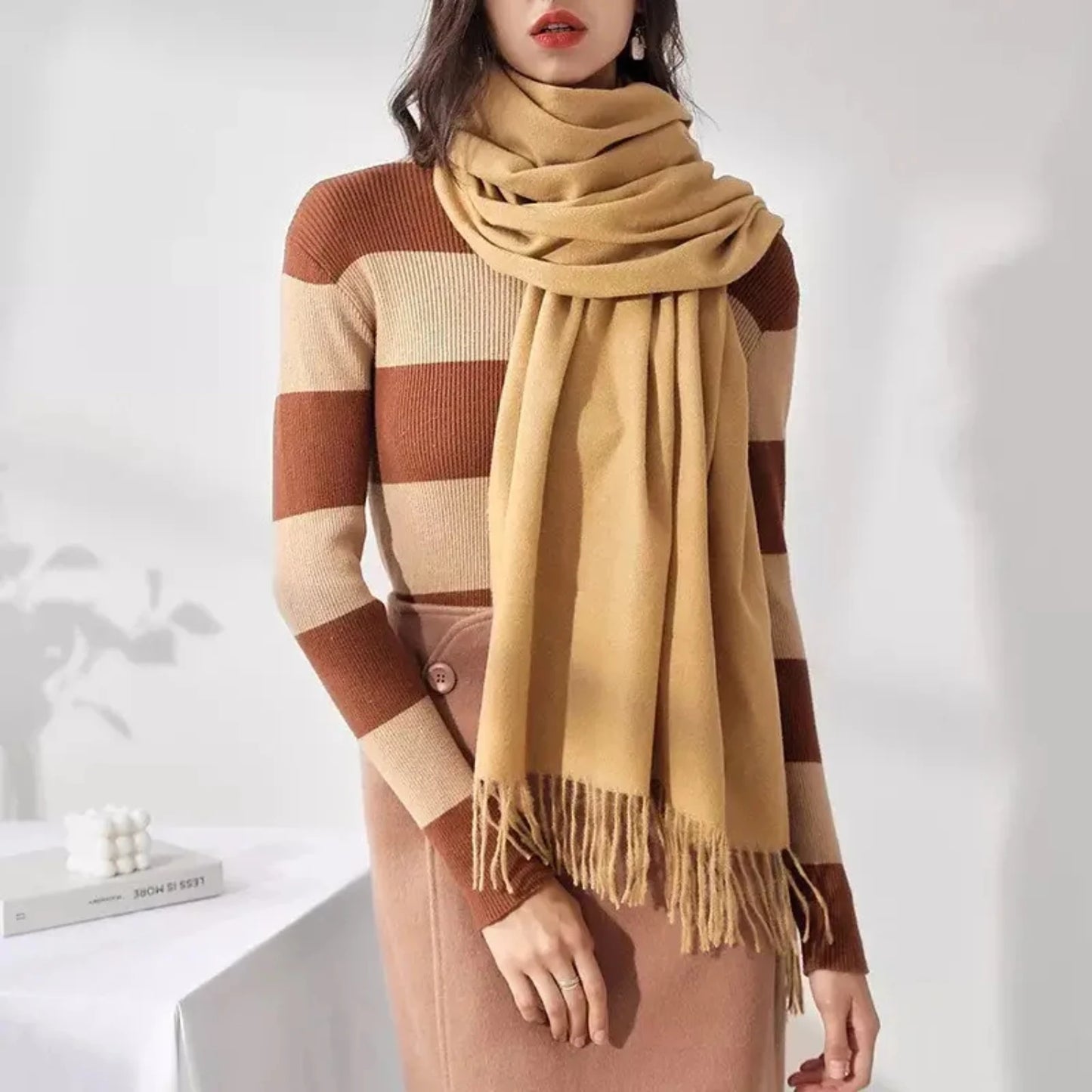 Solid Color Warm Large Shawl Long Tassel Scarf for Women - Stylish and Cozy Winter Essential