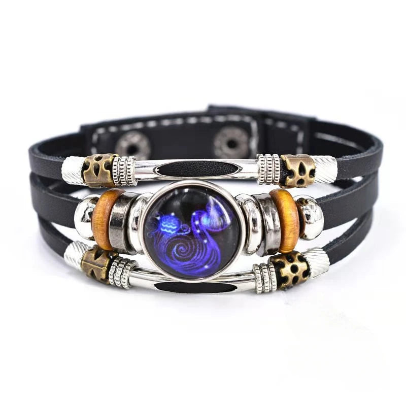 Twelve Constellations Luminous Leather Bracelet Retro Multi-layer Beaded Leather Bracelet Jewelry