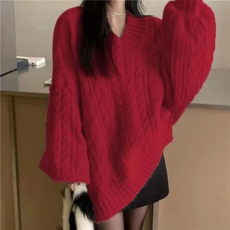 Women's Sweater Oversized Knitted Pullovers Long Sleeve V Neck Knitwear Preppy Solid Loose Jumper