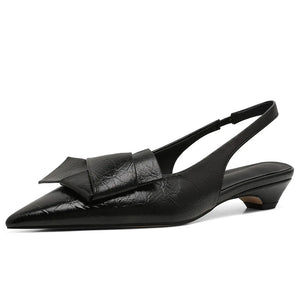 Kitten Low Heels Bownkot Pointy Toe Leisure Sandals Pleated Slip-on Back Strap Flats