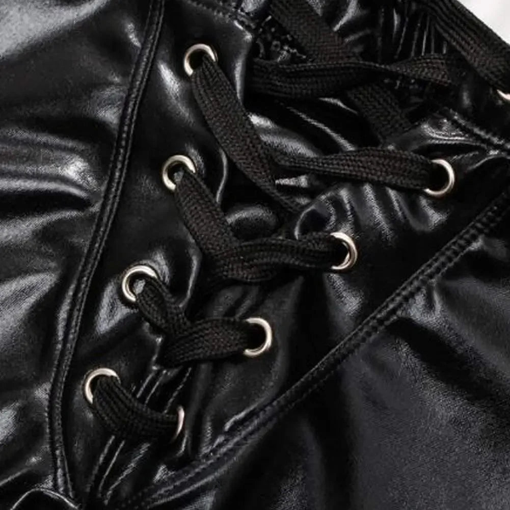 PU Leather Swimwear Mens Metallic Shiny Underpant Swim Boxers Beach Shorts Lace Up Underwear Bikinis Swimsuits Swimming Trunks