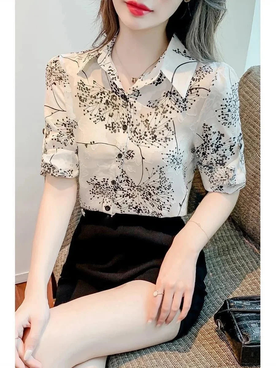 Casual Three Quartz Sleeve Turn-down Collar Flower Print