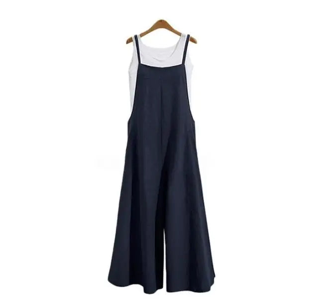 Women's Straps Jumpsuit Summer Solid Color Wide Leg Pants Dungaree Bib Overalls Casual Loose Sleeveless Cotton Linen Jumpsuits