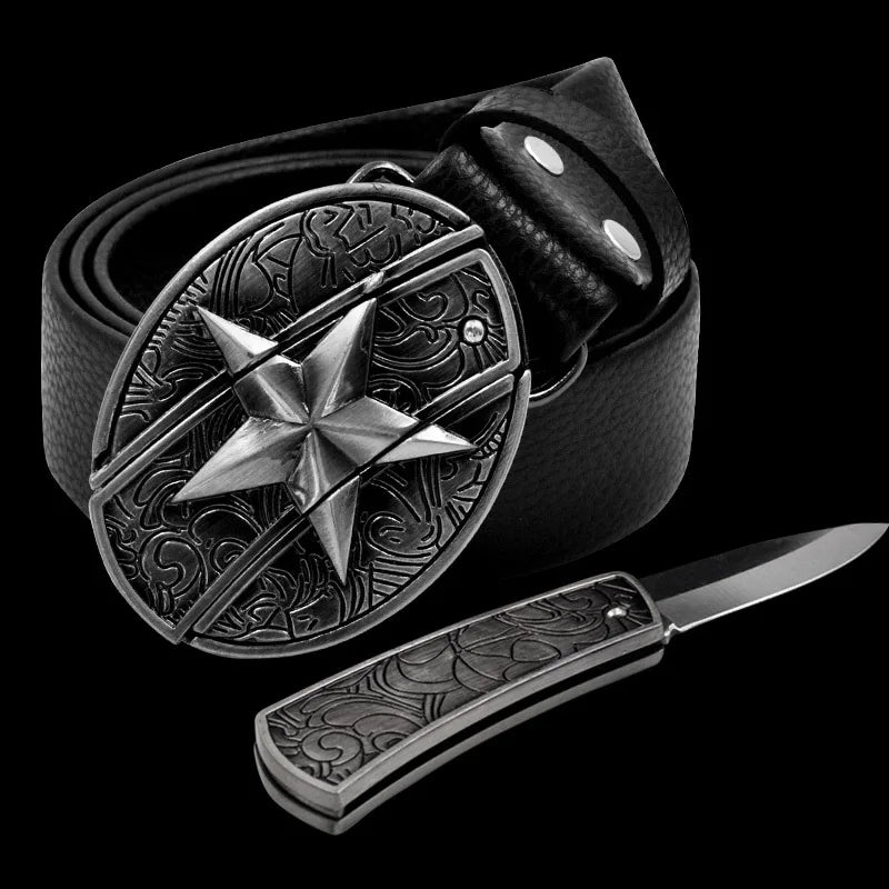 Adult Carved Invisible Knife Buckle Waist Belt Adjustable Personality Genuine Waist Belt