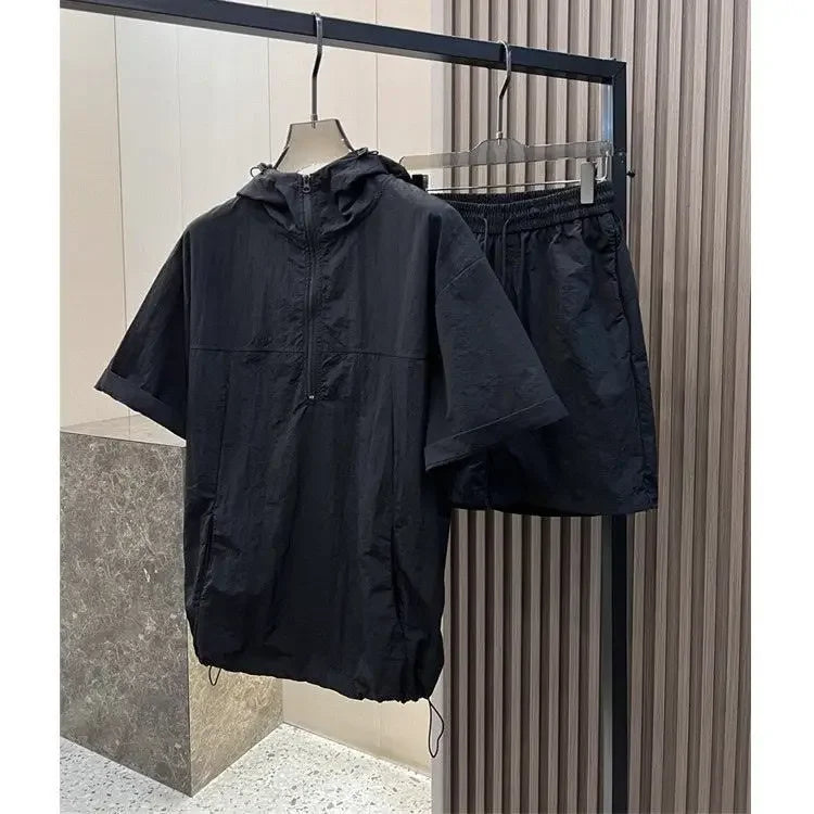 Summer Cargo Hooded Tracksuit Short Sleeve T-shirt Zipped and Shorts Outfits Quick Drying Solid Casual Outdoor Sport Clothes Set