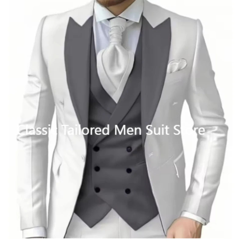 Elegant Wedding 3 Piece Jacket Pants Vest Full Set Luxury Single Breasted Peak Lapel  Male Clothing Men's Suits Blazer