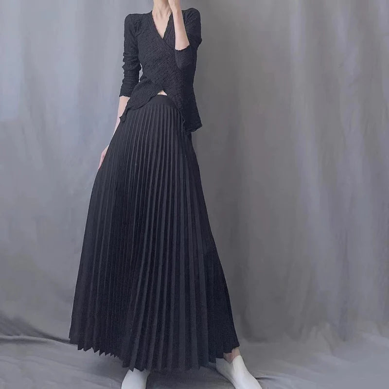 Casual Office  Pleated Skirt  Hight Waist Solid Long Skirt