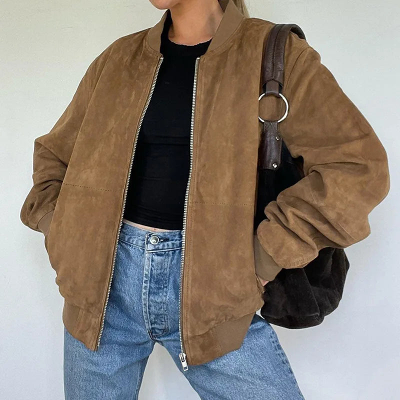 Vintage Chocolate Leather  Jacket  Chic Zipper Long Sleeve Pocket Short Coat