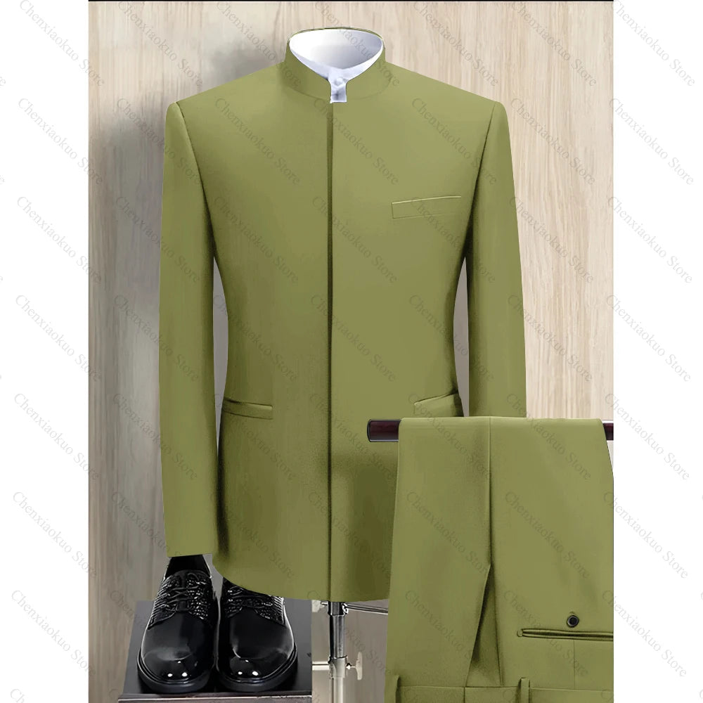 Fashion Solid Men Suits 2 Piece Stand Collar Long Sleeves Formal Outfits Chic Business Casual Wedding Tuxedo (Blazer+Pants)