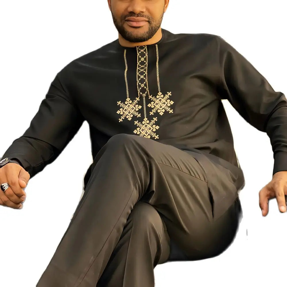 Men's  Wedding 2-Piece Suit Waist Pants Shirt Solid Color Panel Long Sleeve Party African Ethnic Style Clothing