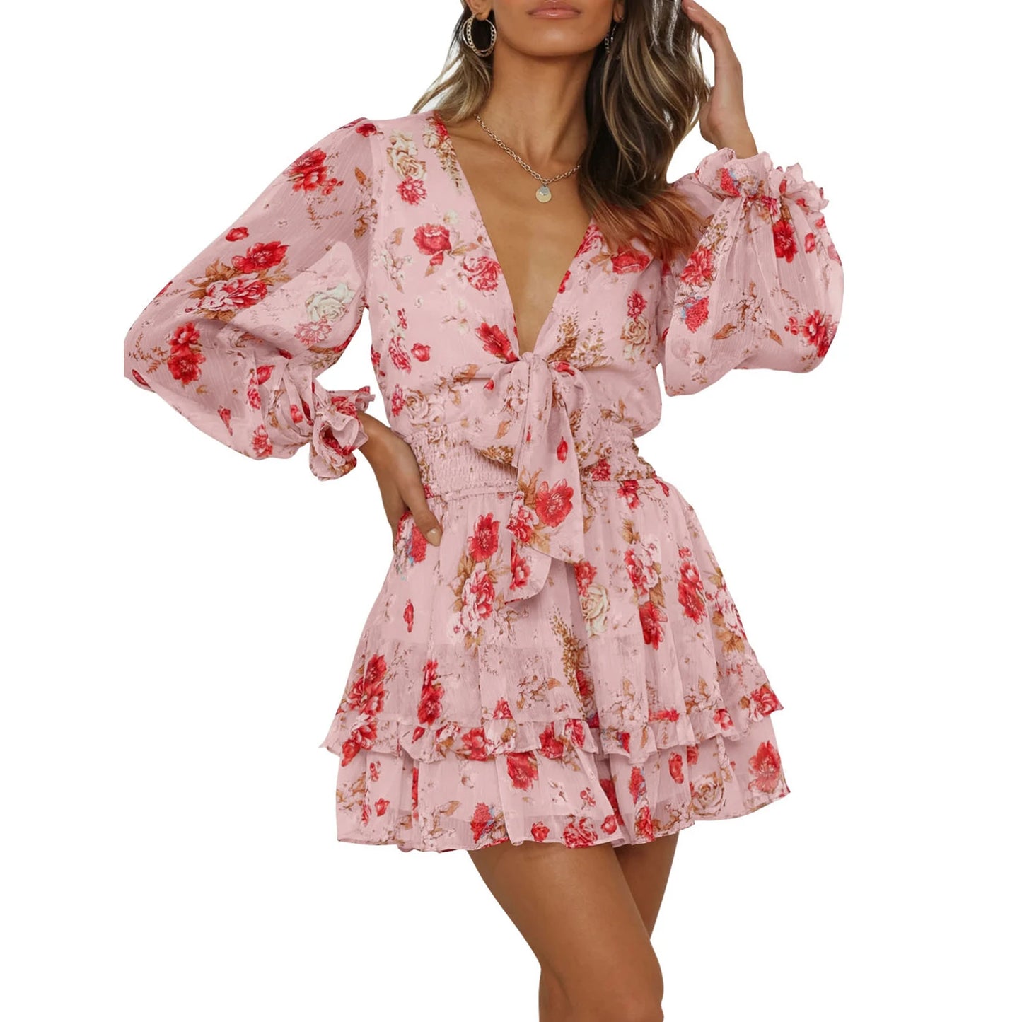 Casual Mini Dress Floral Print Deep V-Neck Tie-Up Long Sleeve  Ruffles Dress