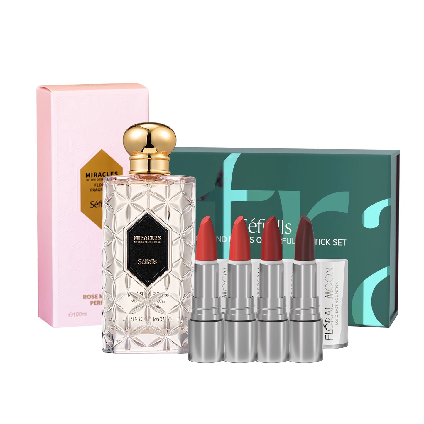 Séfralls ROSE MIRAGE PERFUME FLORAL FRAGRANCE 100ml+THOUSAND KISSES COLORFUL LIPSTICK SET 3.5g*4pcs Cologne and Make up