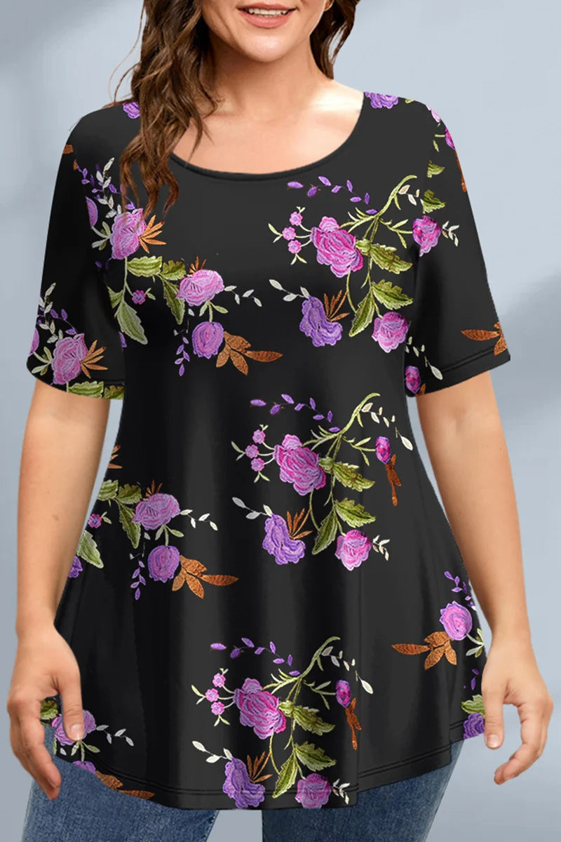 Women's T-Shirts Spring Clothing Floral Graphic O-Neck Pullovers Short Sleeve Tops Streetwear Oversized Apparel Ladies