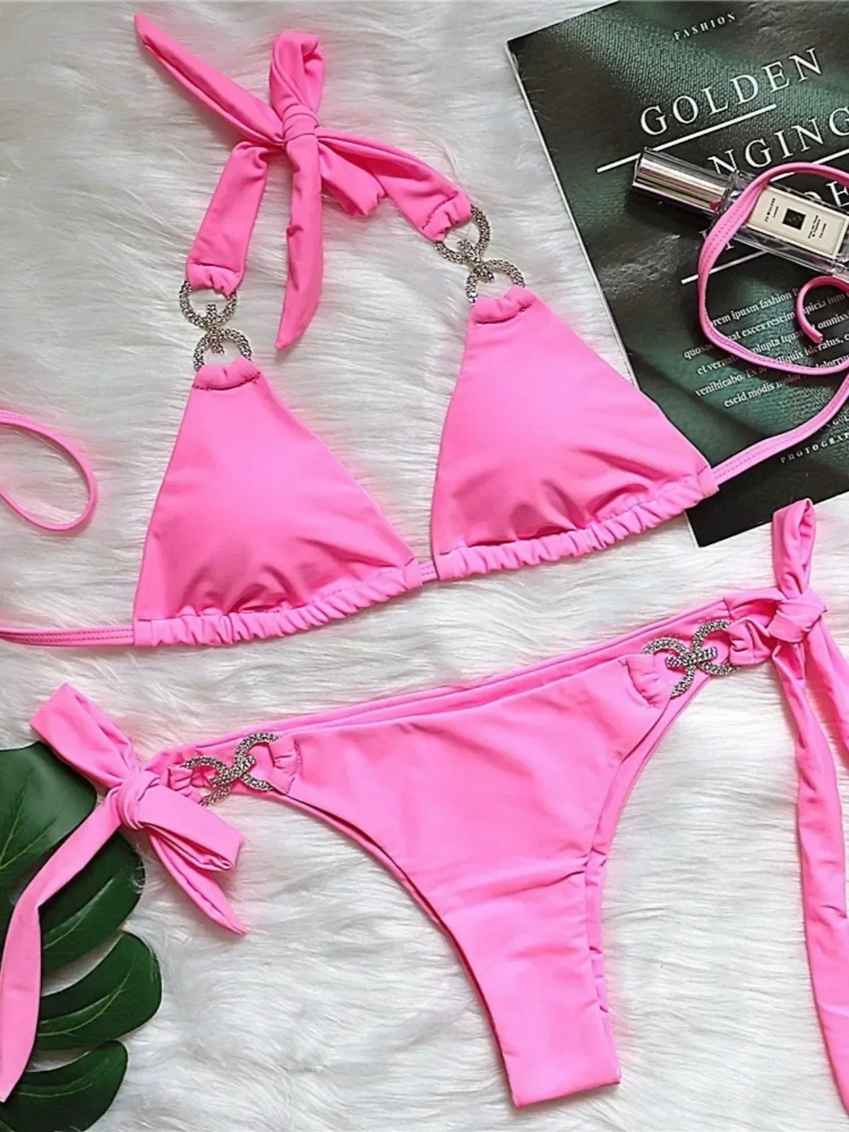 Luxury Rhinestones Bikini Women Solid Color Bandage Cross Diamond Thong Beach Bathing Suit