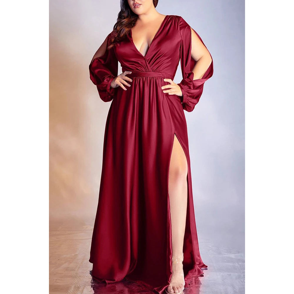 Long Sleeve Satin V-neck Maxi Dress