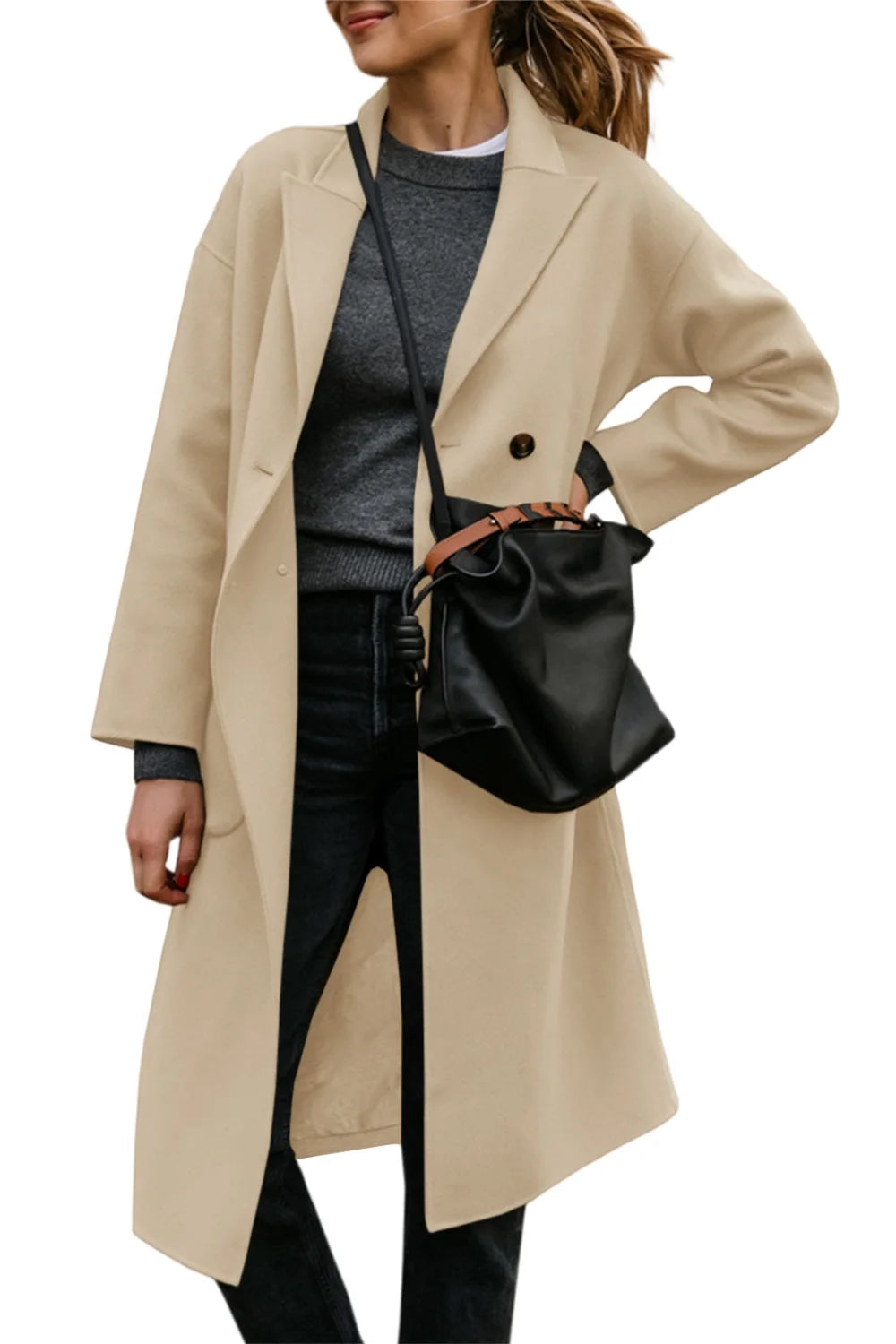 Double-breasted Trench Coat With Lapel Pockets Long Sleeves Mid Length  Casual Trench Jacket