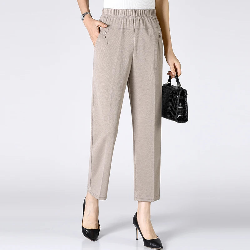 Summer Thin Breathable Elastic Pants 8XL Women's Solid Color High Waisted Loose Casual Pants Elastic straight leg