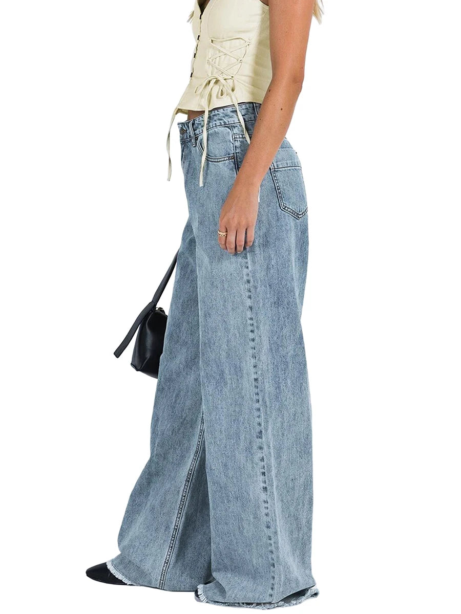 Women Wide Leg Jeans Trousers Solid Color Button Fly Casual Loose Pants for Work Office Streetwear