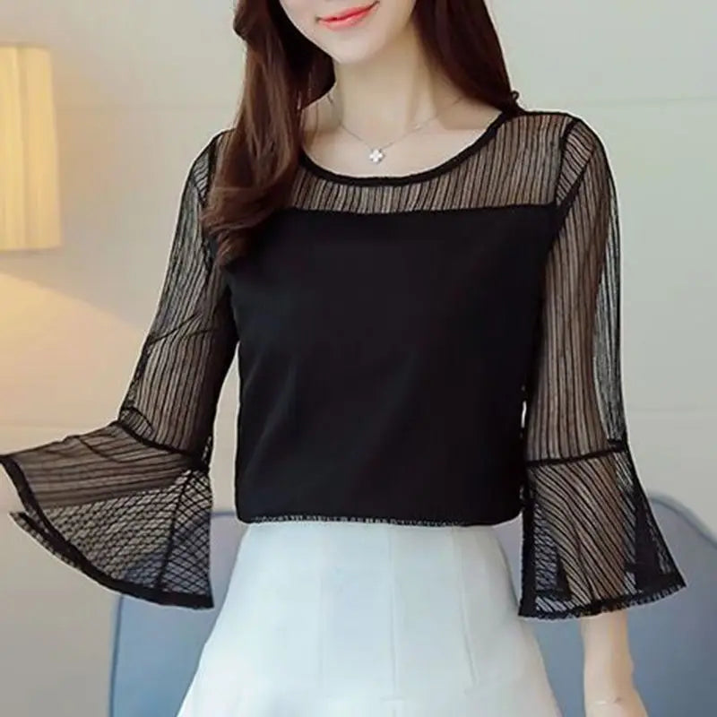 Elegant Solid Color Spliced Loose Flare Sleeve Blouse
