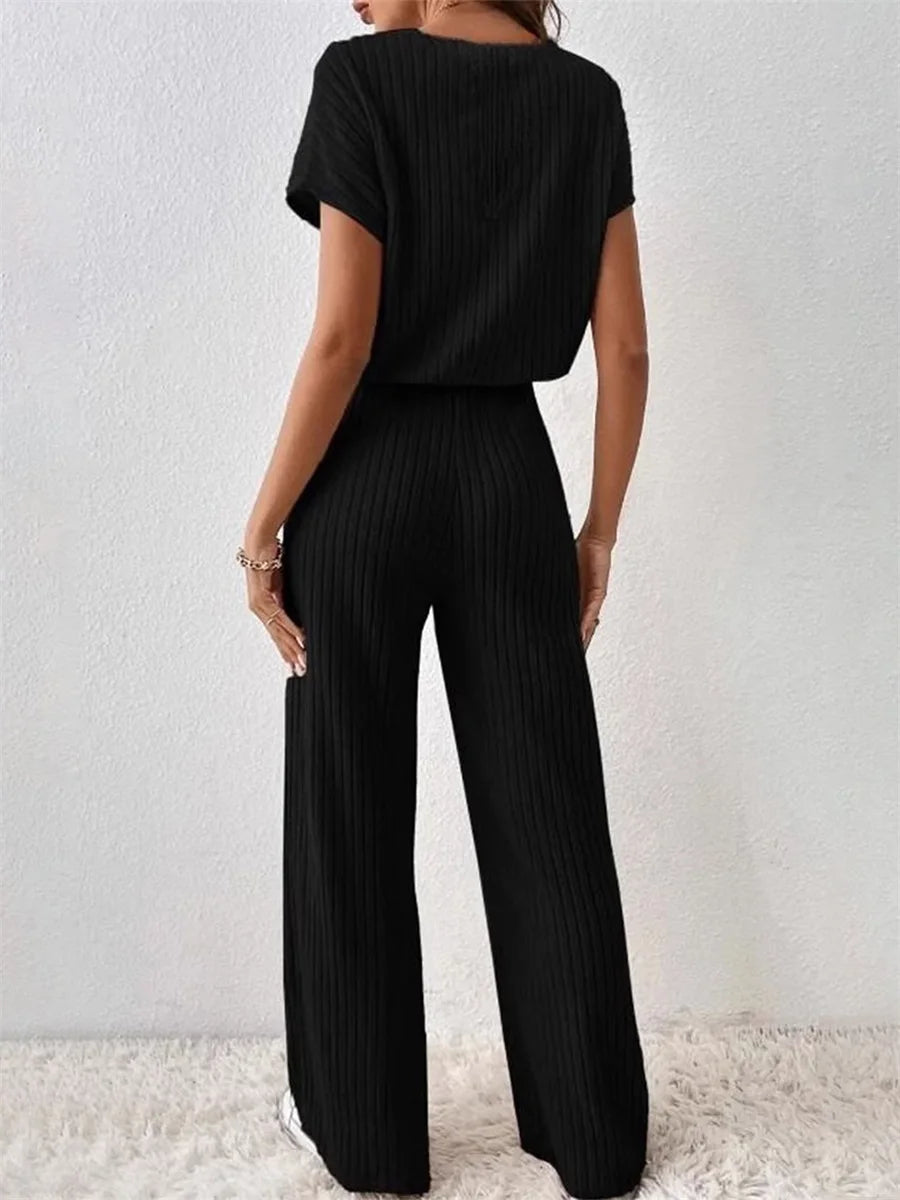 Women s 2 Piece Cozy Lounge Wear Set with Short Sleeve Ribbed Top and Wide Leg Pants for Casual Outings