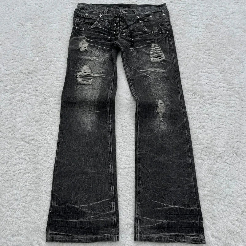 High Waisted Jeans vintage Embroidery high quality  Double Waisted Lace Up Women Jeans Goth Design Sense Trousers streetwear