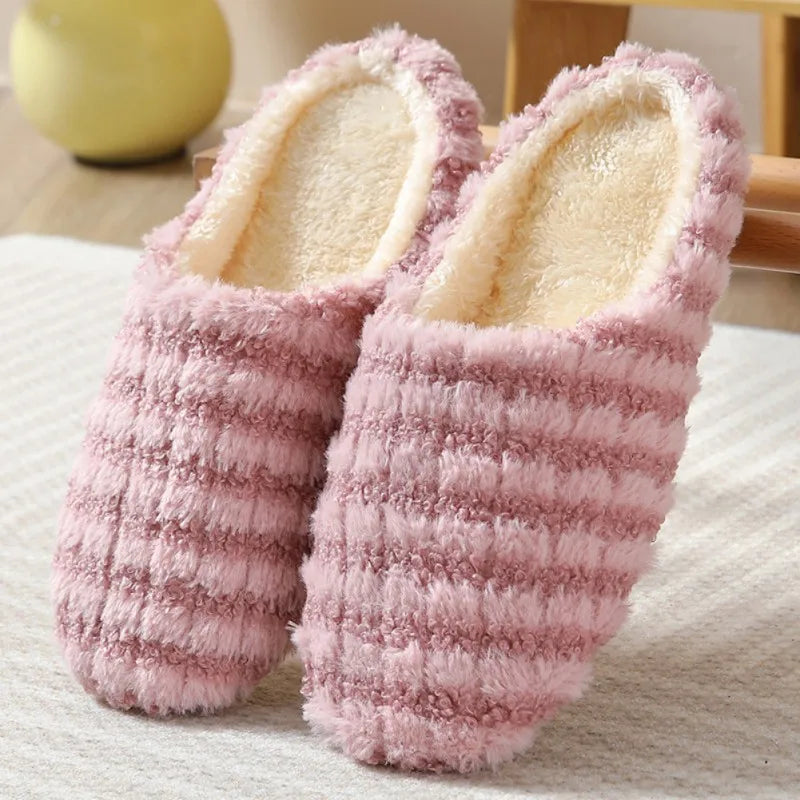 1 Pair Striped Silent Japanese Style Indoor Soft Bottom Anti Slip Cotton Slippers, Winter Insulation Durable Home Cotton Slipper
