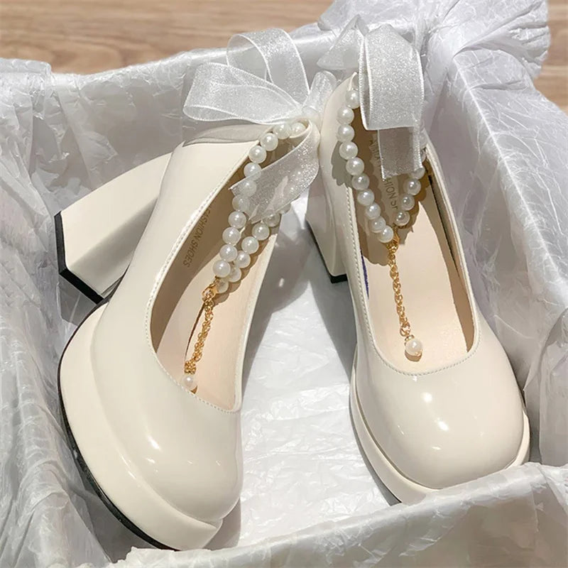 Lace Bow and pearl accent High Heels  Square Toe  Pumps Thick Heel