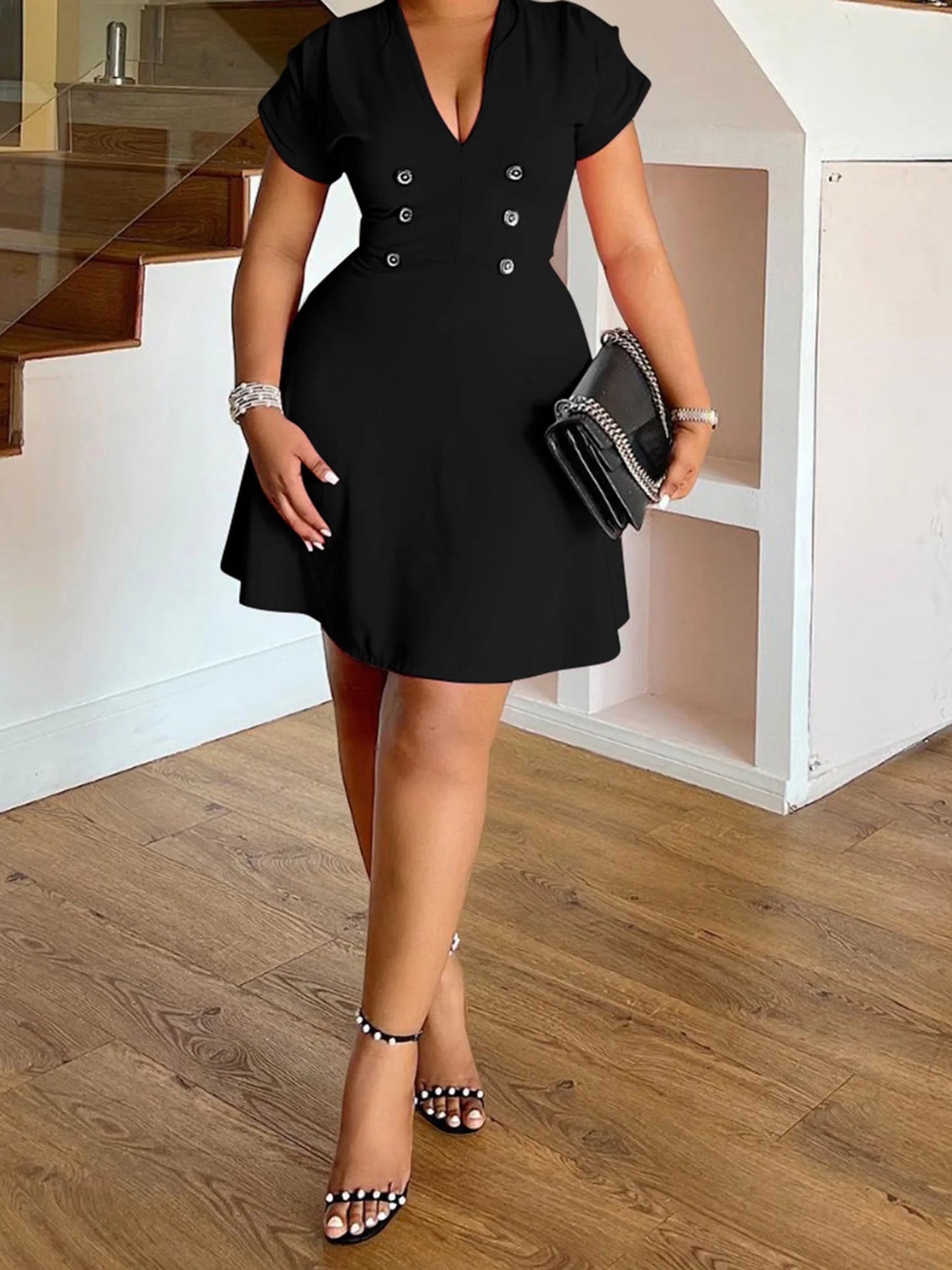 Women Plus Size Dress Ruffle Sleeve V-Neck Summer Casual A-line Dress with Belt Detail and Pockets