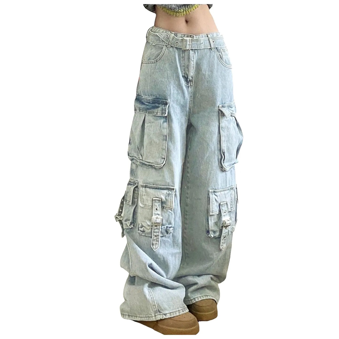Retro American style Pocket Patchwork Jeans Pants Women Fashion Mid Waist Cargo Pants Baggy Light Blue Distressed Denim Trousers