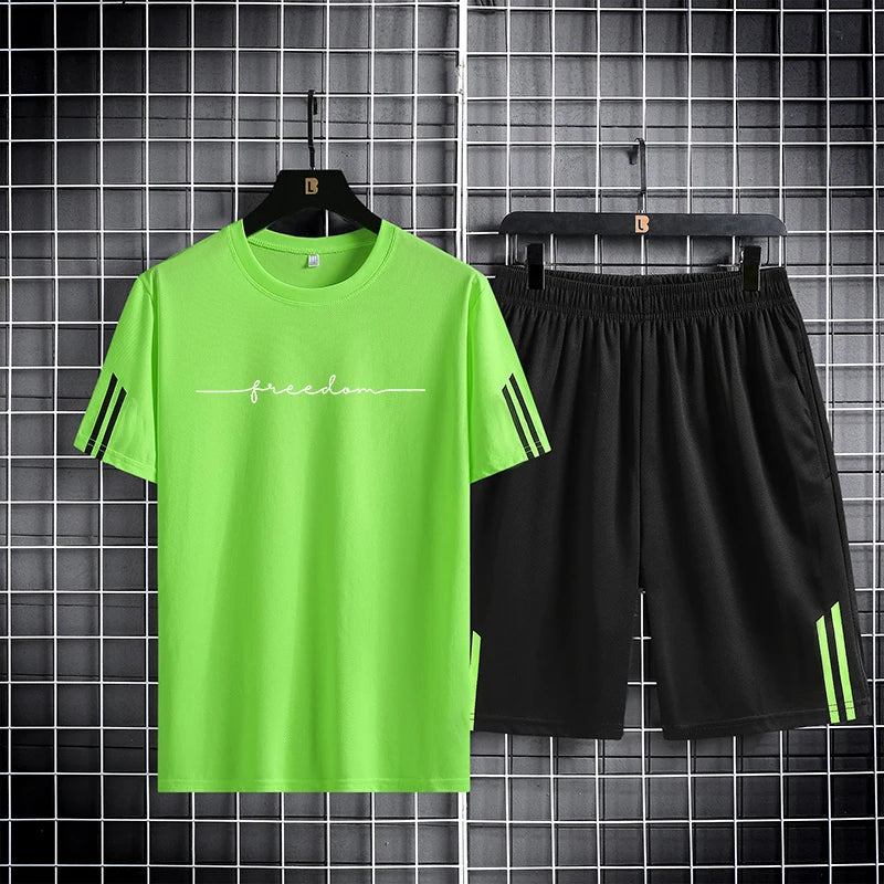 【 M-5XL 】 Summer men's set quick drying breathable mesh short sleeved T-shirt and shorts two-piece running sports set