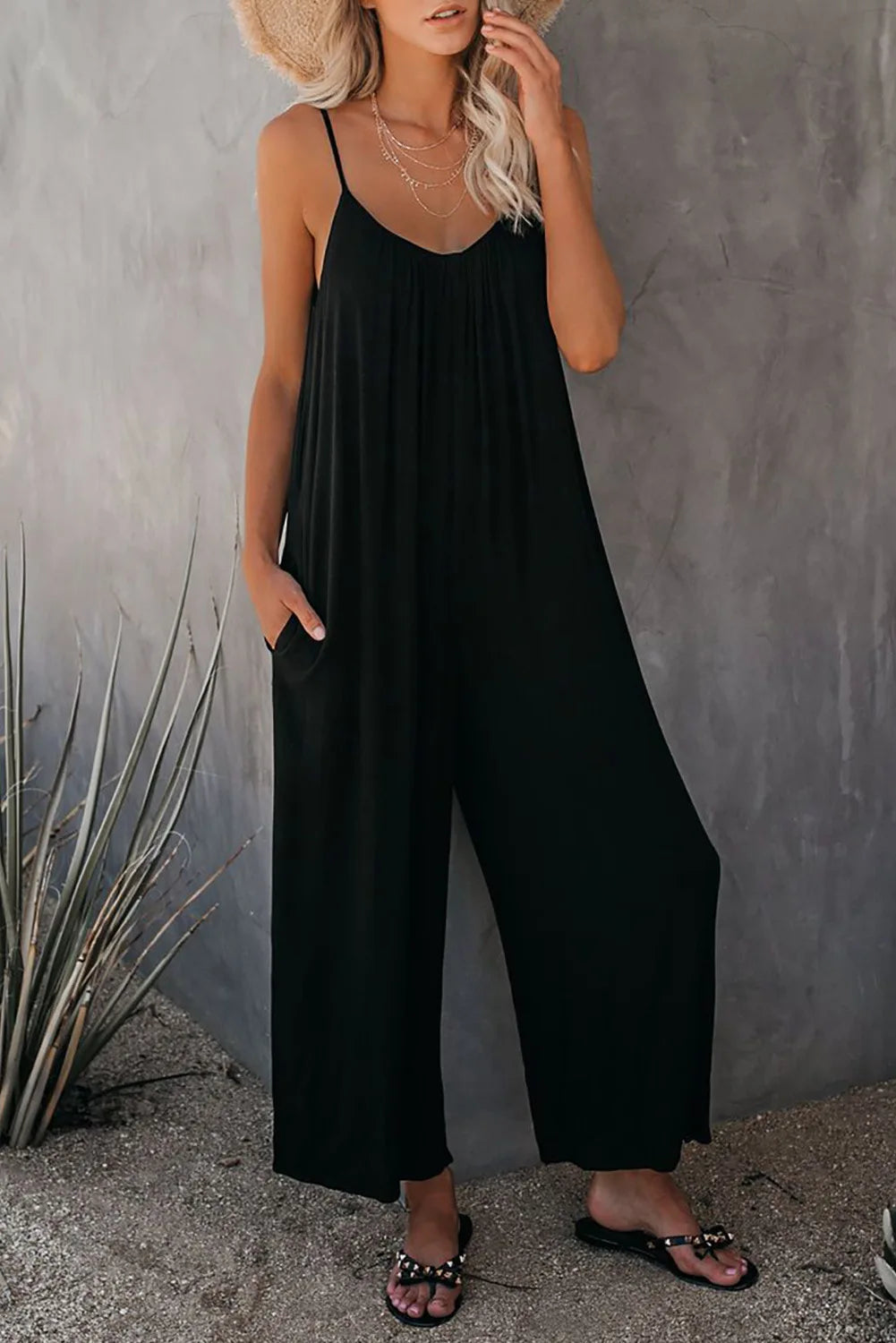 European and American Suspender  Women's Summer Foreign Trade Solid Color Pocket Casual Jumpsuit