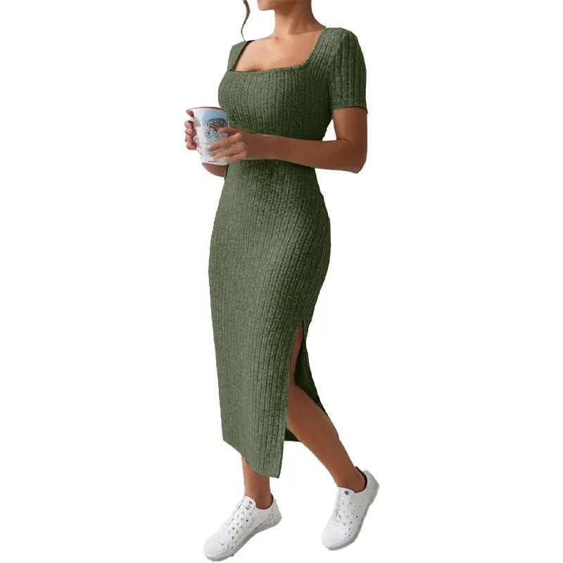 Summer Square Neck, Hip-Hugging Mid-Length Skirt, Short-Sleeved, Rib Knit Versatile Knitted Slit Dress